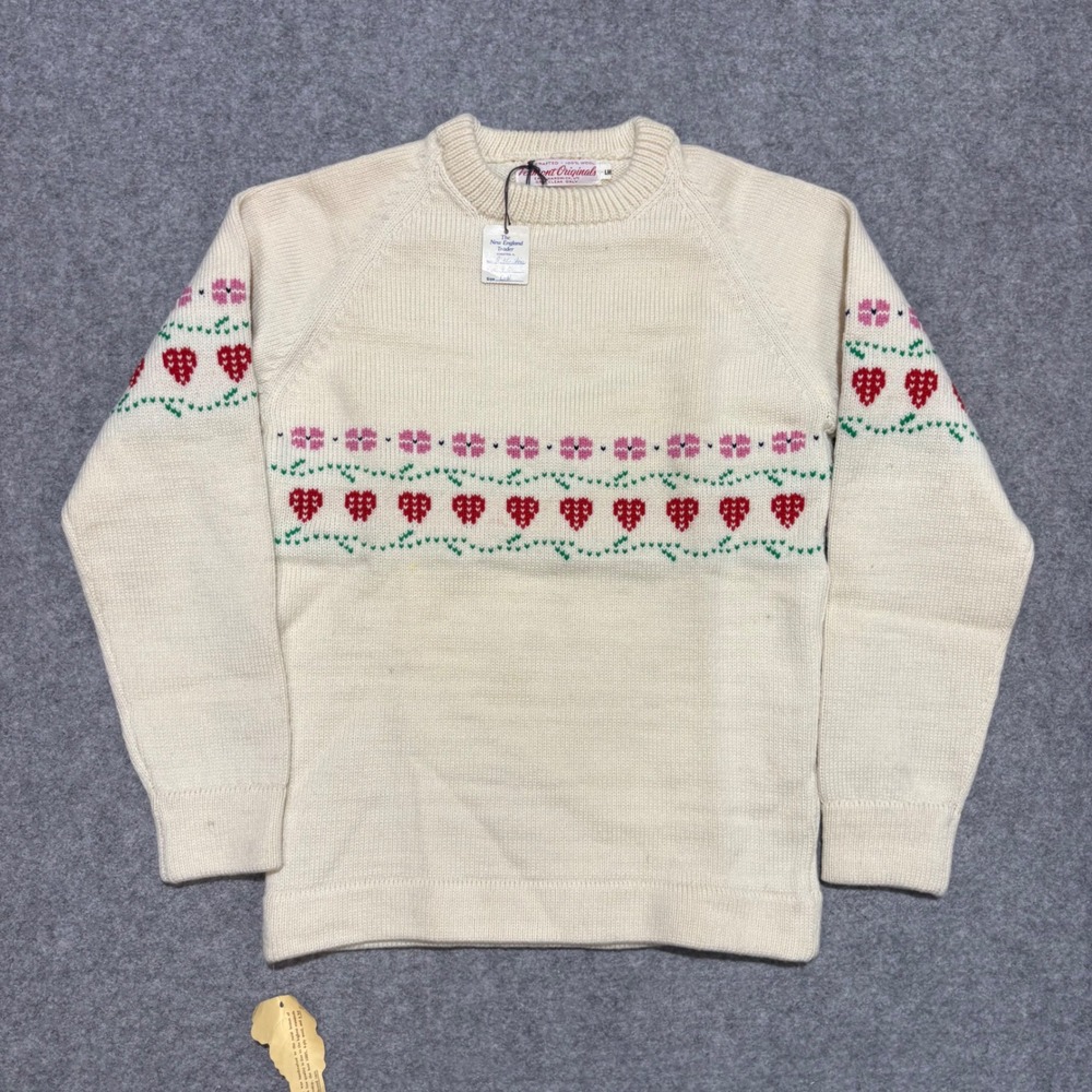 Vermont Originals Wool Sweater Vintage Hearts Floral Cream Hand Crafted Womens L